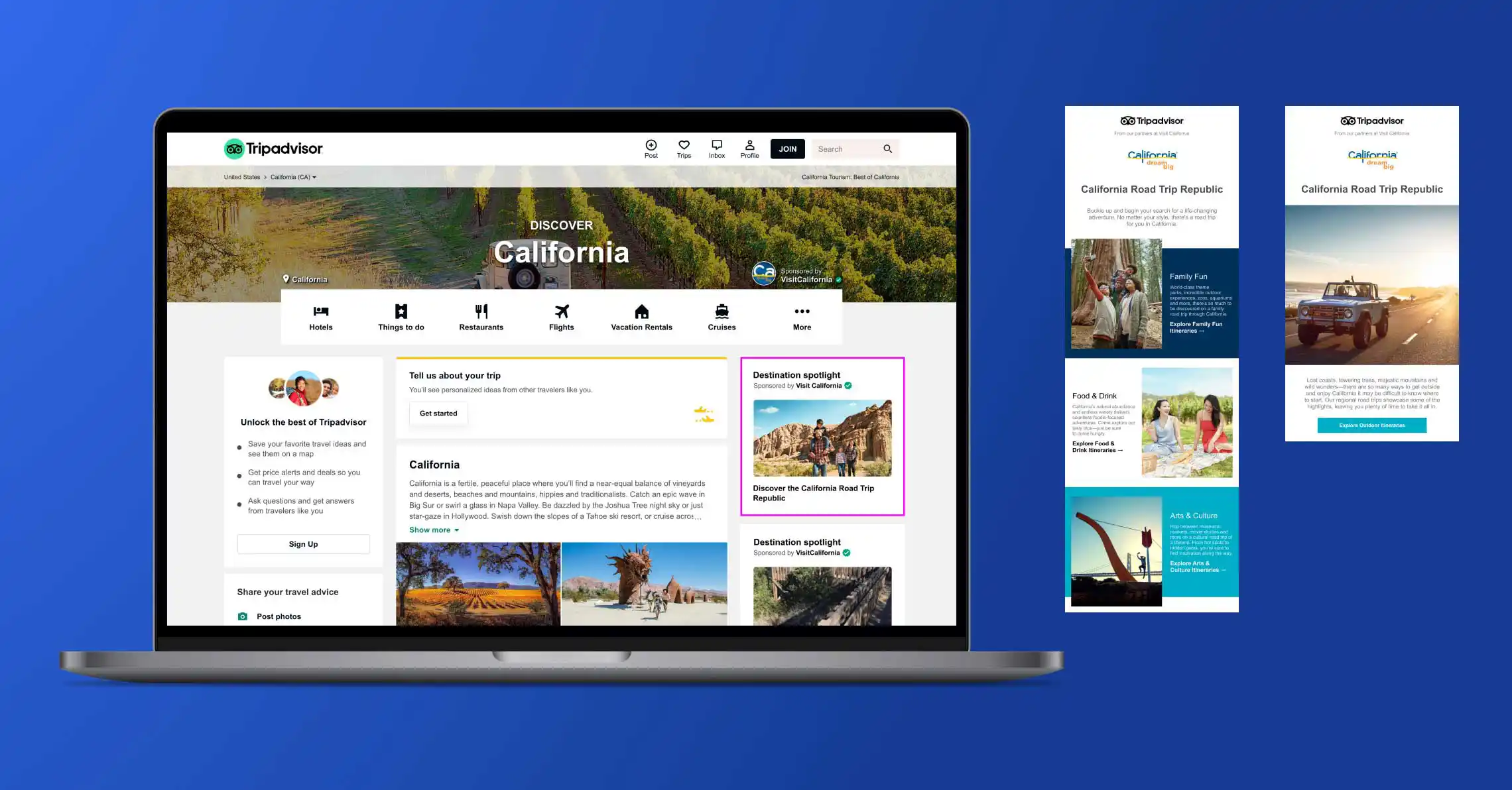 Visit California &ndash; Road Trip Republic Campaign &ndash; Tripadvisor &ndash; Sponsored Hero Image, Destination Spotlight & Marketing Emails